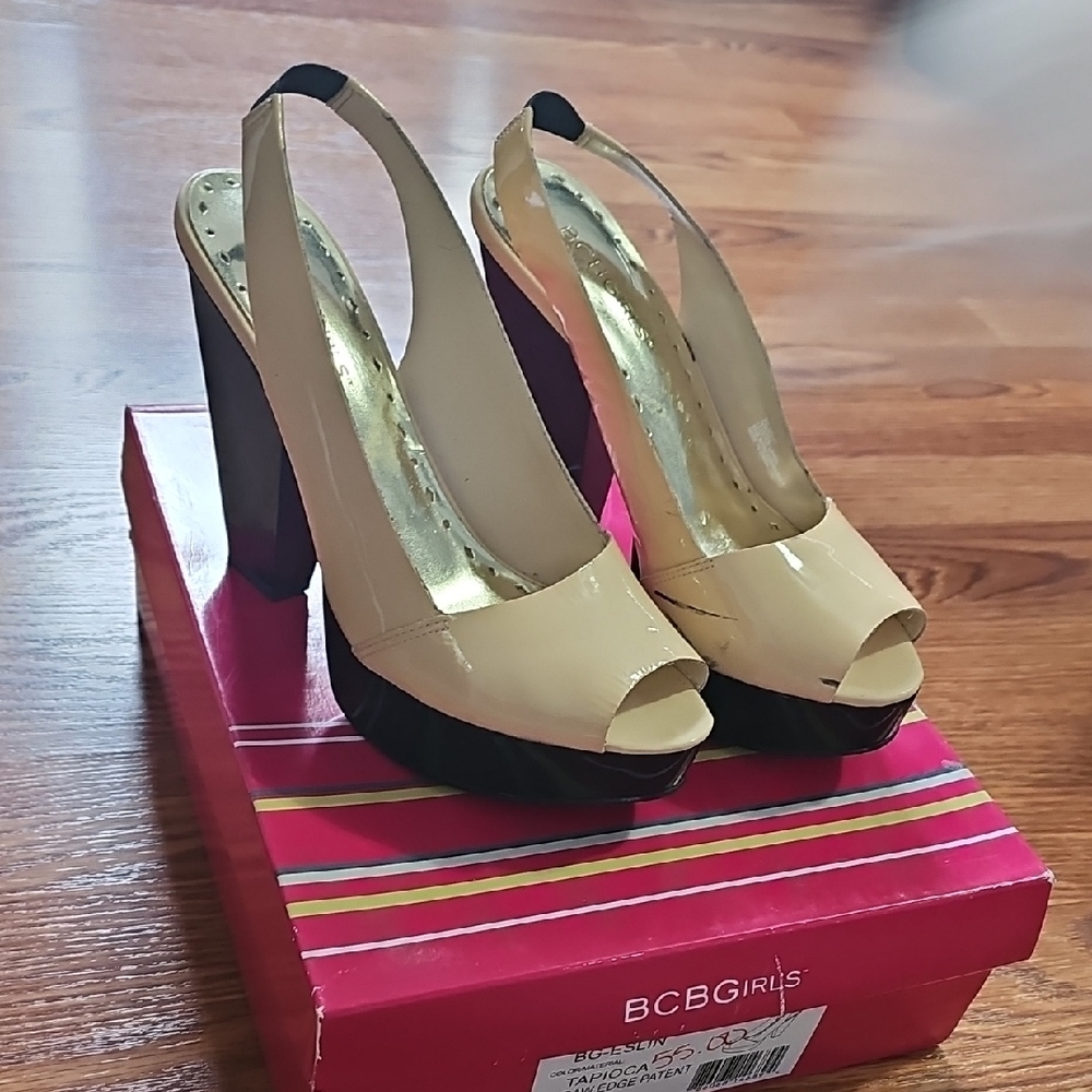 BCBGirls Cream and Black Peep Toe Heels